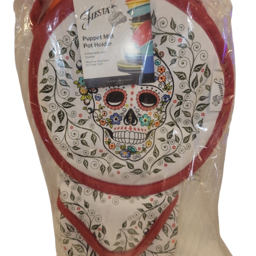 Fiesta Vibrant Skull Pot Holder Set with Red Trim